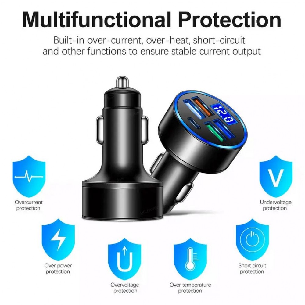 Adaptateur de charge 15W allume-cigare 5en1 USB & USB-C avec affichage LED QuickCharge 3.0 - Noir