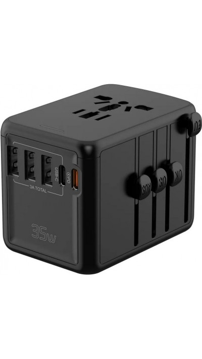 Adaptateur de voyage 35W multiprise CH-UE-UK-US-AU 3x USB-A et 2x USB-C PowerDelivery - Noir