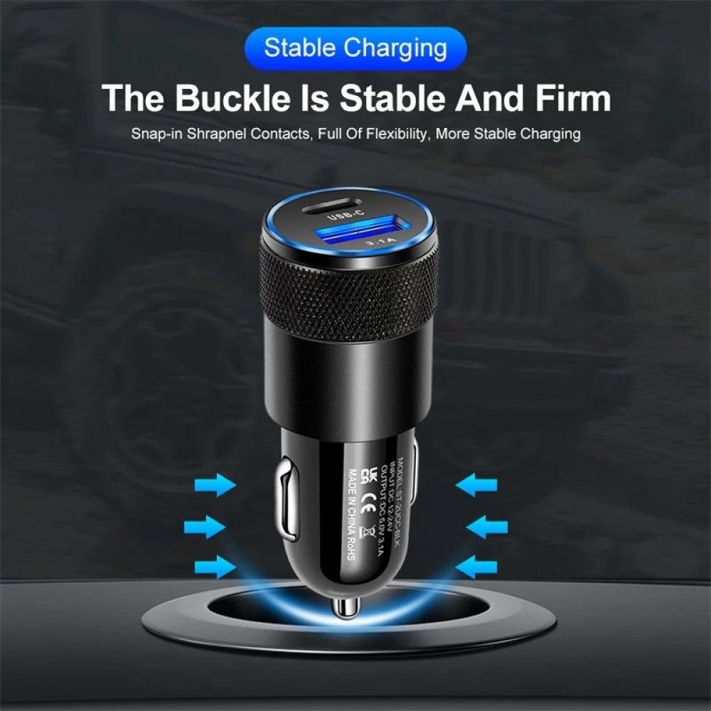 Adaptateur double USB allume-cigare 15W 3.1A Power Delivery USB-A & USB-C - Argent