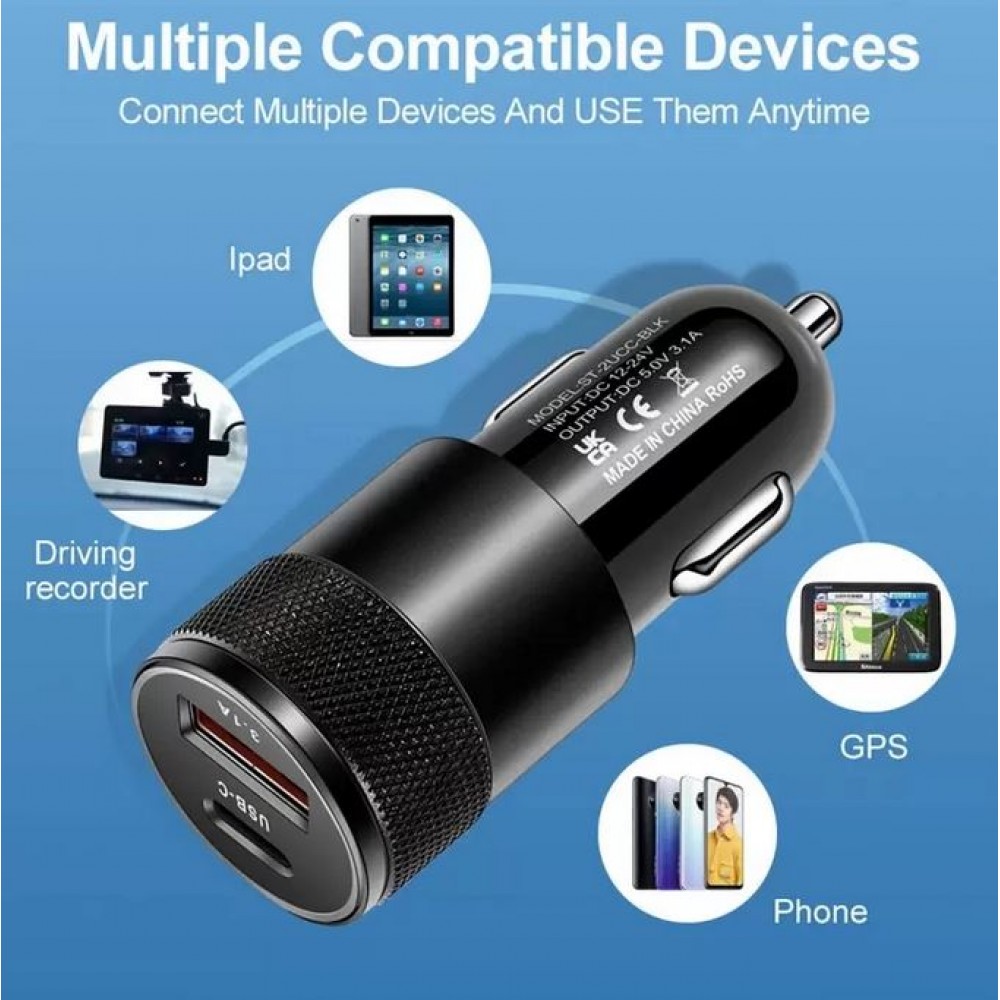 Adaptateur double USB allume-cigare 15W 3.1A Power Delivery USB-A & USB-C - Argent