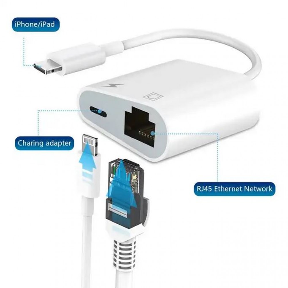 Adaptateur multiport Lightning vers RJ45 Ethernet LAN avec port d'alimentation USB-C - Blanc