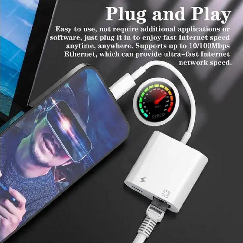 Adaptateur multiport Lightning vers RJ45 Ethernet LAN avec port d'alimentation USB-C - Blanc