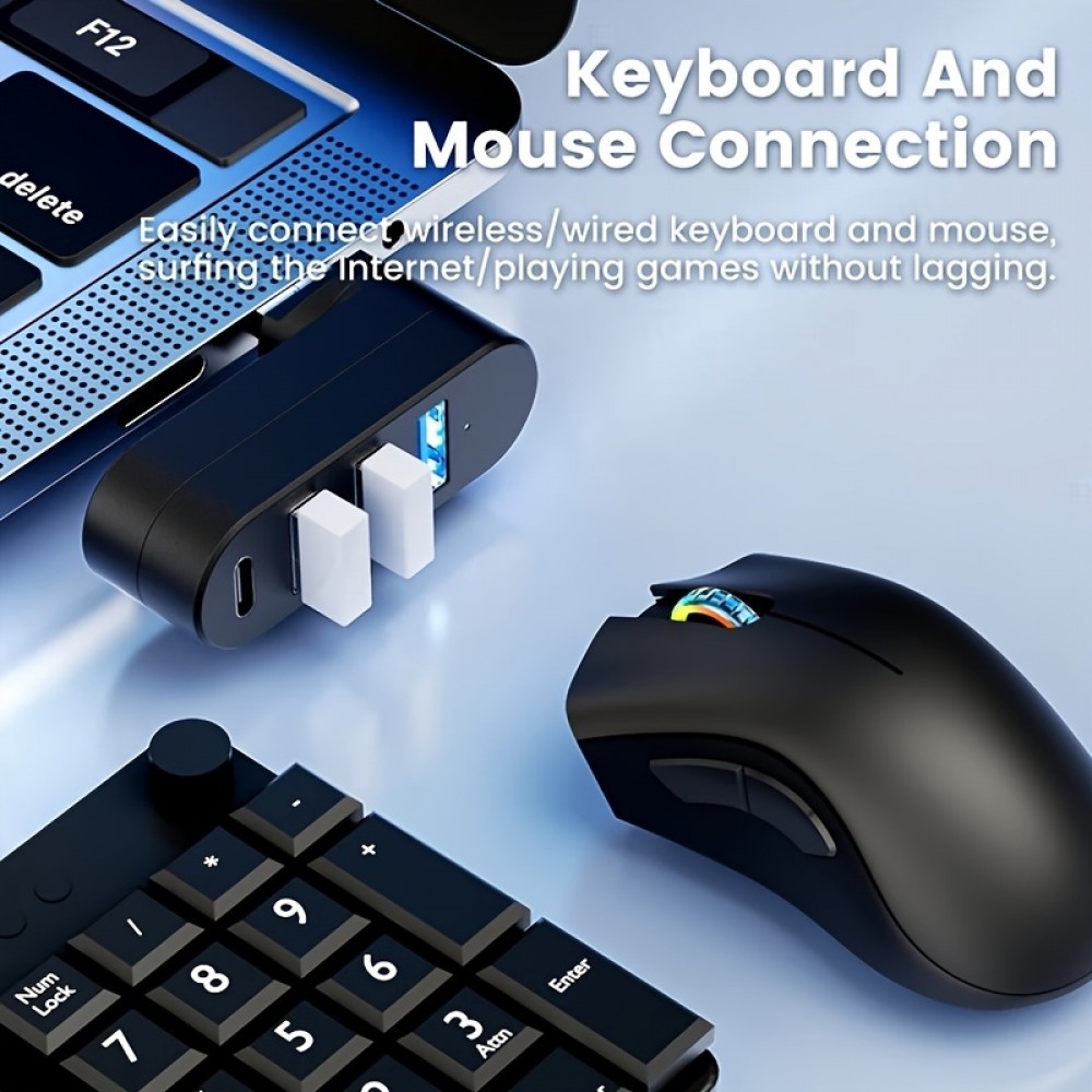 Adaptateur multiport USB 3.0 rotatif 180&deg; 4 en 1 (3x USB-A / 1x USB-C) compact pour accessoires PC - Noir