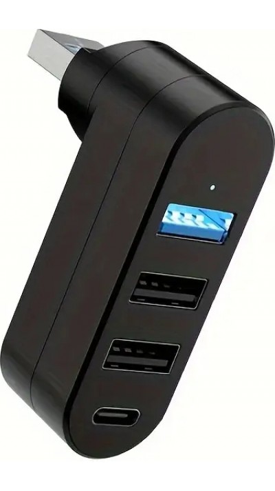 Adaptateur multiport USB 3.0 rotatif 180° 4 en 1 (3x USB-A / 1x USB-C) compact pour accessoires PC - Noir