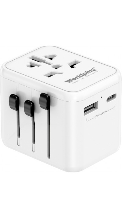 Adaptateur universel multiprise Monde entier 5 en 1 USB-A & USB-C USA-AUS-UK-EU - Blanc