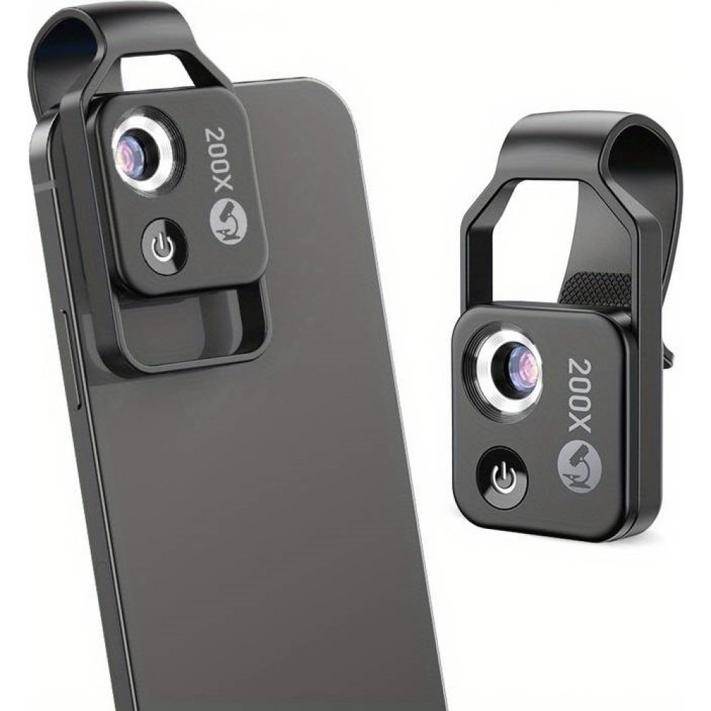 Apexel APL-MS002 Clip zoom optique microscopique 200x universel avec lumière LED intégrée - Noir