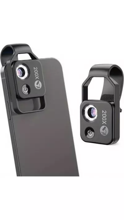 Apexel APL-MS002 Clip zoom optique microscopique 200x universel avec lumière LED intégrée - Noir