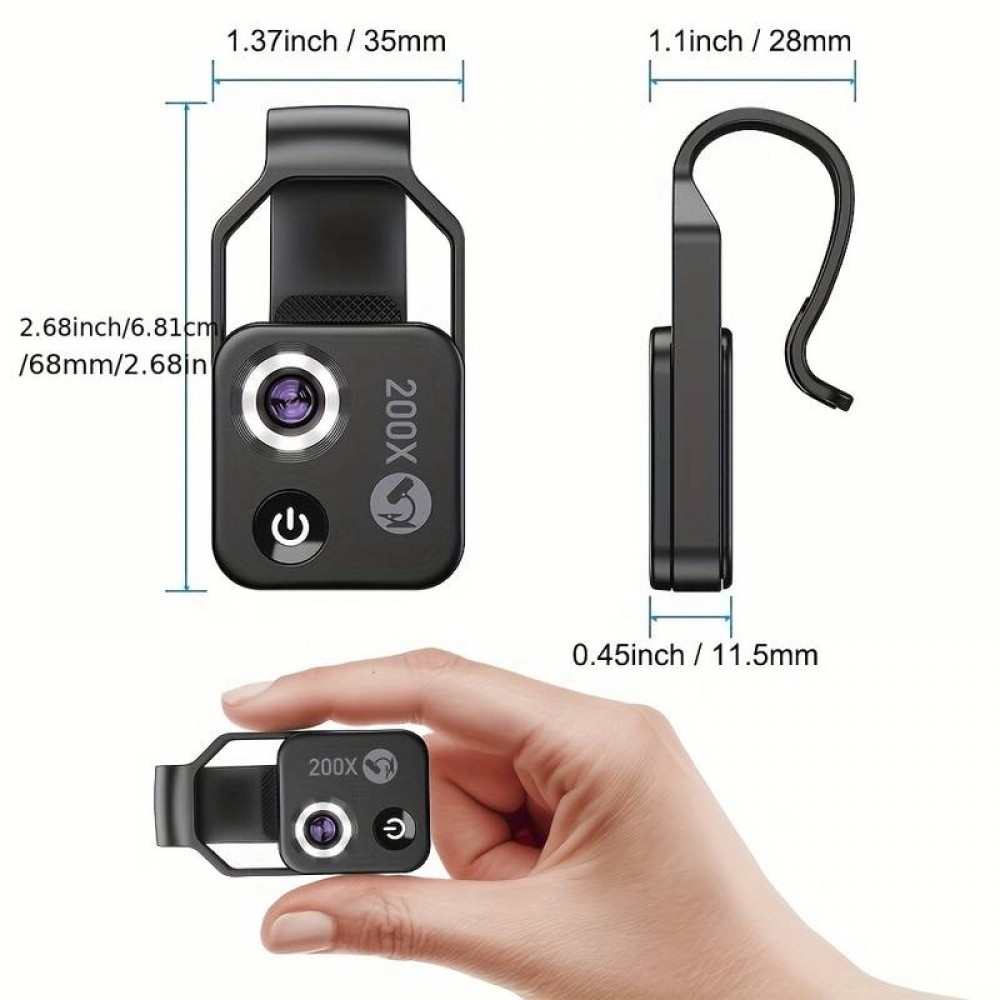 Apexel APL-MS002 Clip zoom optique microscopique 200x universel avec lumière LED intégrée - Noir