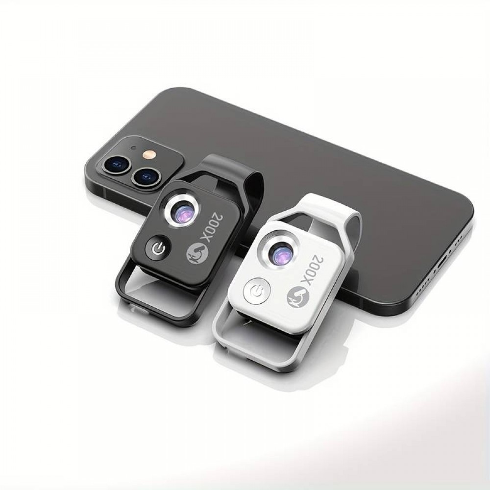 Apexel APL-MS002 Clip zoom optique microscopique 200x universel avec lumière LED intégrée - Noir