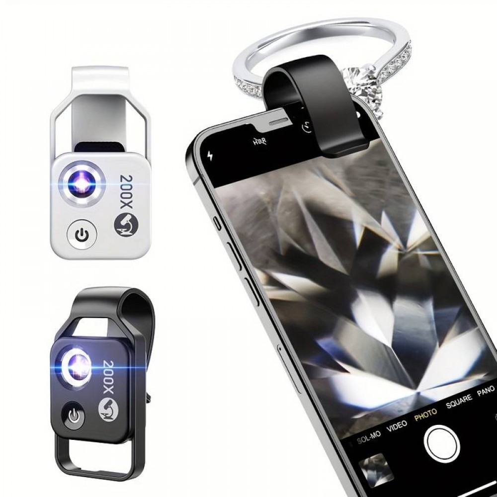 Apexel APL-MS002 Clip zoom optique microscopique 200x universel avec lumière LED intégrée - Noir