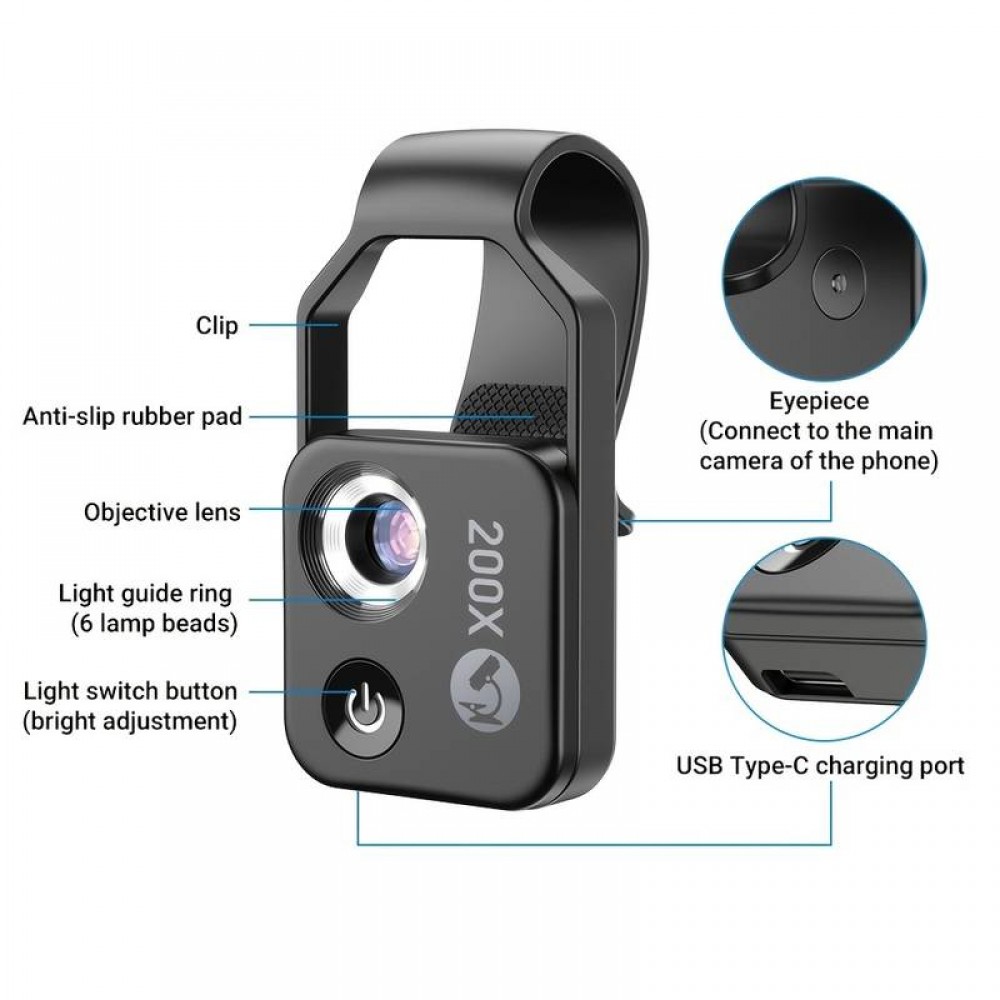 Apexel APL-MS002 Clip zoom optique microscopique 200x universel avec lumière LED intégrée - Noir