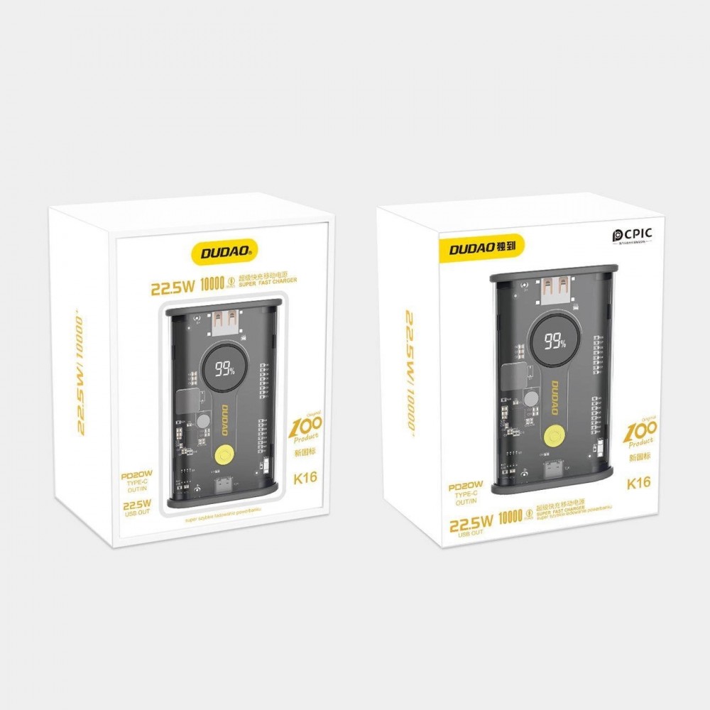 Batterie Externe 10000 mAh USB-C / USB-A 22.5W PD Dudao K16 - Noir