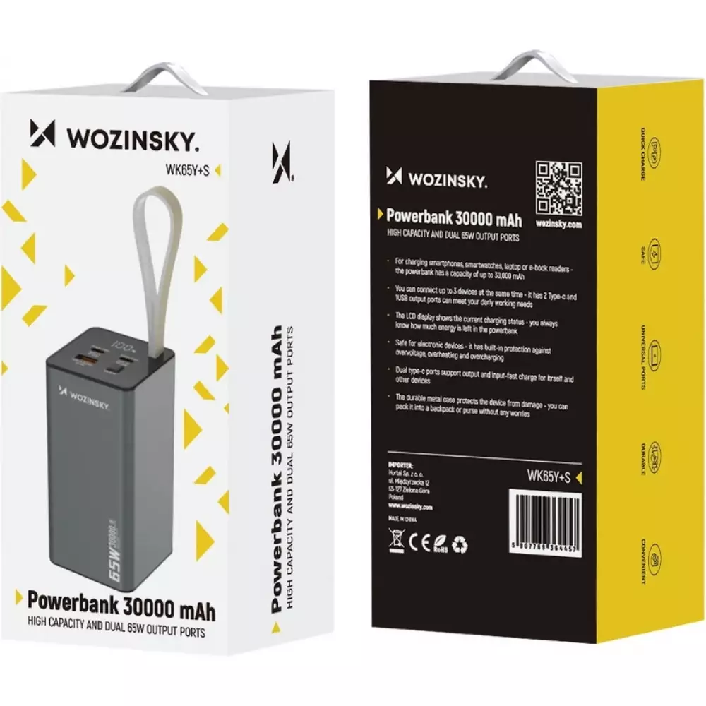 Wozinsky K65+ Power Bank 30000mAh 65W - Externe Batterie mit 2x USB-C und 1x USB-A Schnellladung - Schwarz