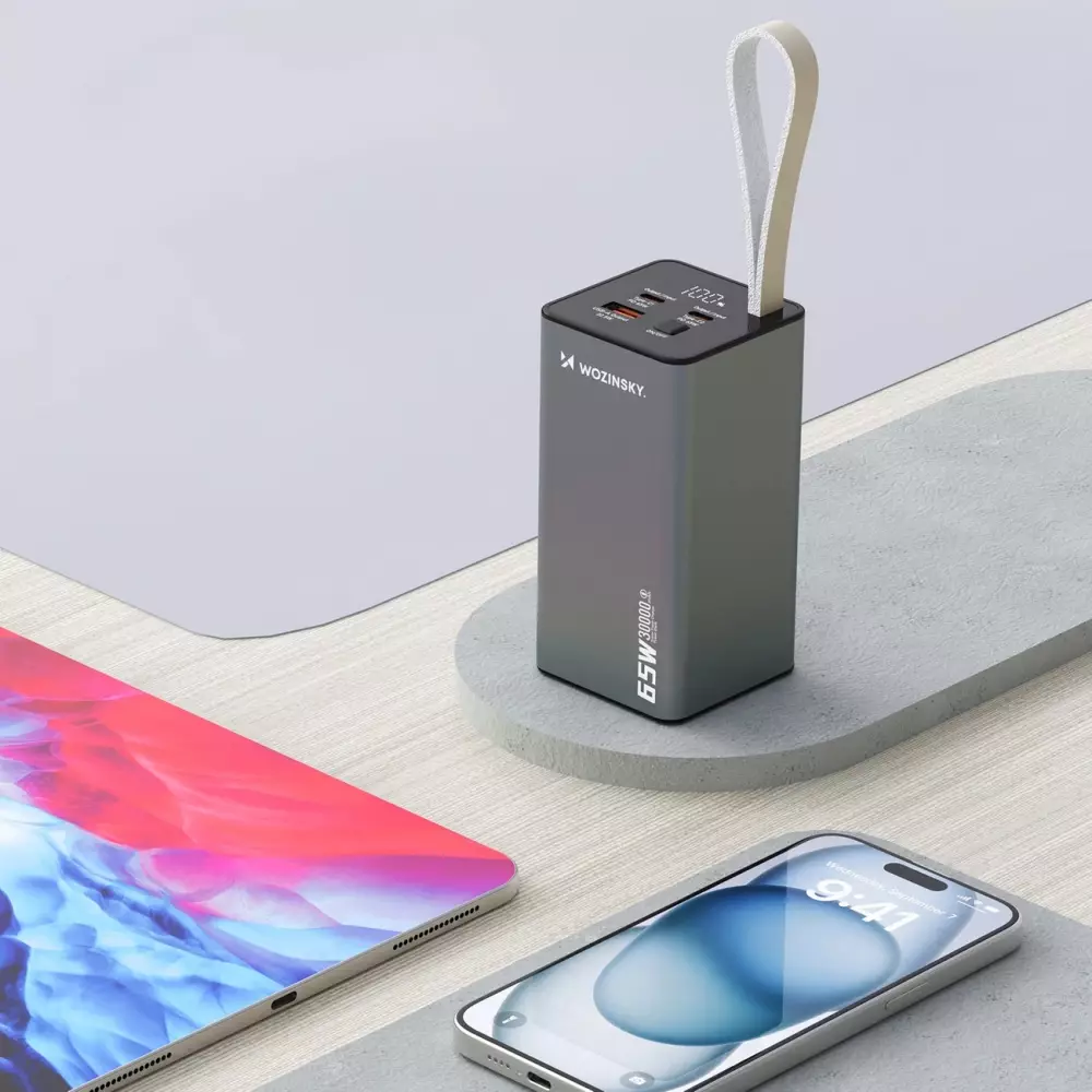 Wozinsky K65+ Power Bank 30000mAh 65W - Externe Batterie mit 2x USB-C und 1x USB-A Schnellladung - Schwarz