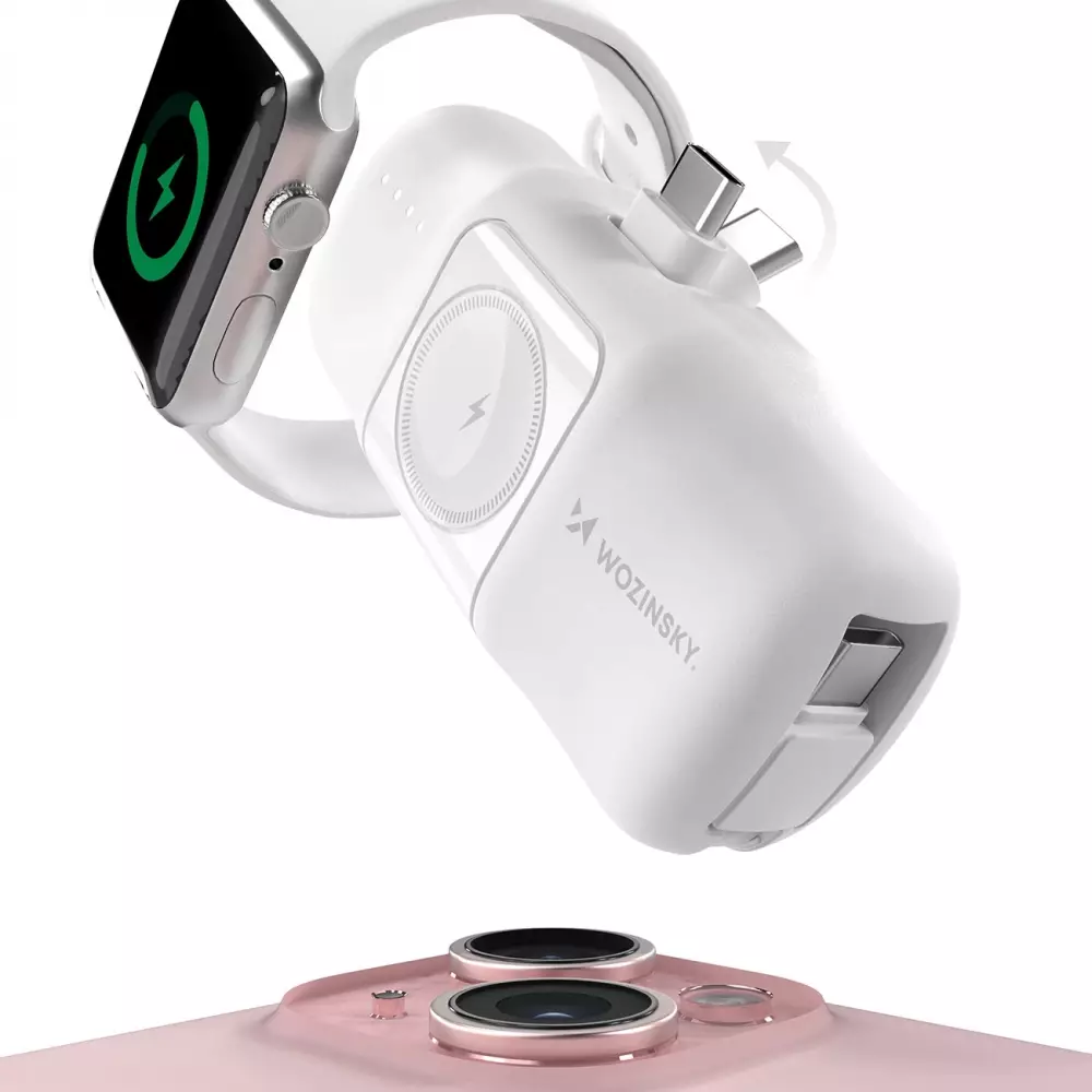 Batterie Externe Wozinsky WF16-YCS 5000mAh 15W USB-C Mini avec Câble USB-C Intégré et Chargeur Apple Watch - Blanc