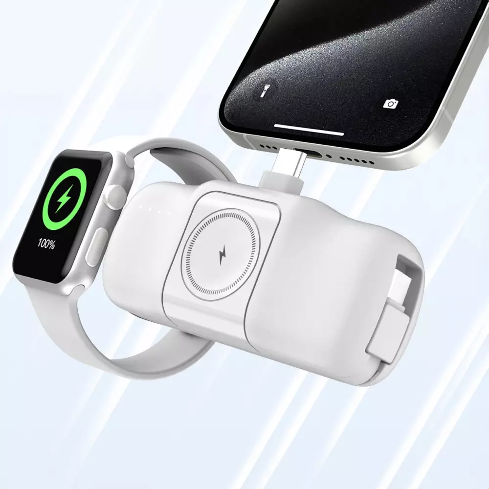 Batterie Externe Wozinsky WF16-YCS 5000mAh 15W USB-C Mini avec Câble USB-C Intégré et Chargeur Apple Watch - Blanc