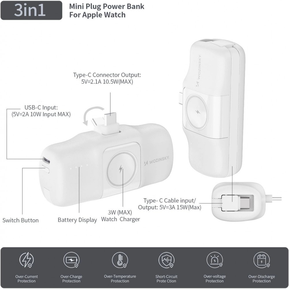 Batterie Externe Wozinsky WF16-YCS 5000mAh 15W USB-C Mini avec Câble USB-C Intégré et Chargeur Apple Watch - Blanc