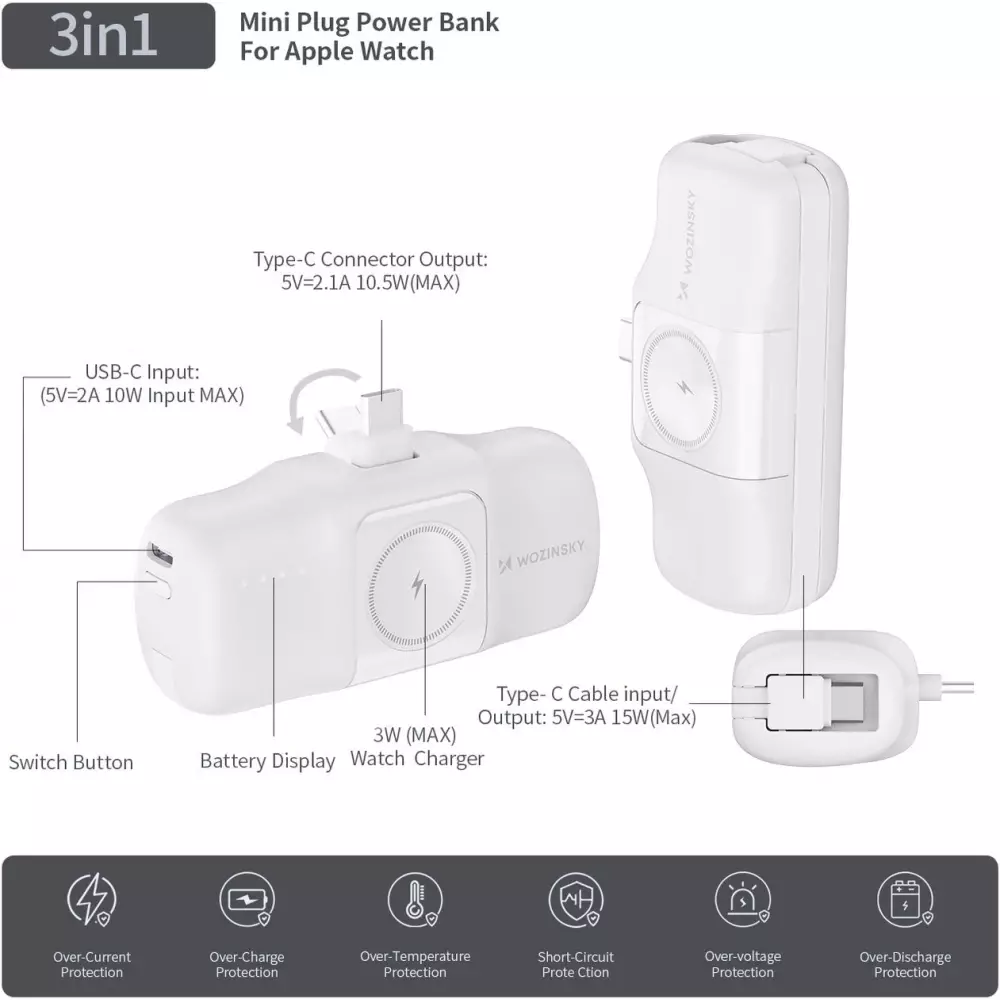 Batterie Externe Wozinsky WF16-YCS 5000mAh 15W USB-C Mini avec Câble USB-C Intégré et Chargeur Apple Watch - Blanc