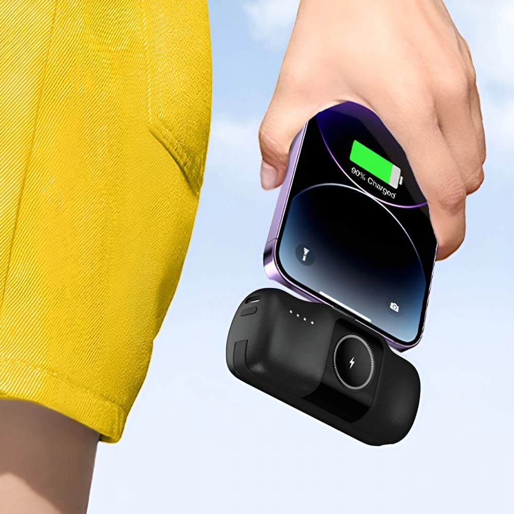 Batterie Externe Wozinsky WF16-YCS 5000mAh 15W USB-C Mini avec C&acirc;ble USB-C Int&eacute;gr&eacute; et Chargeur Apple Watch - Noir