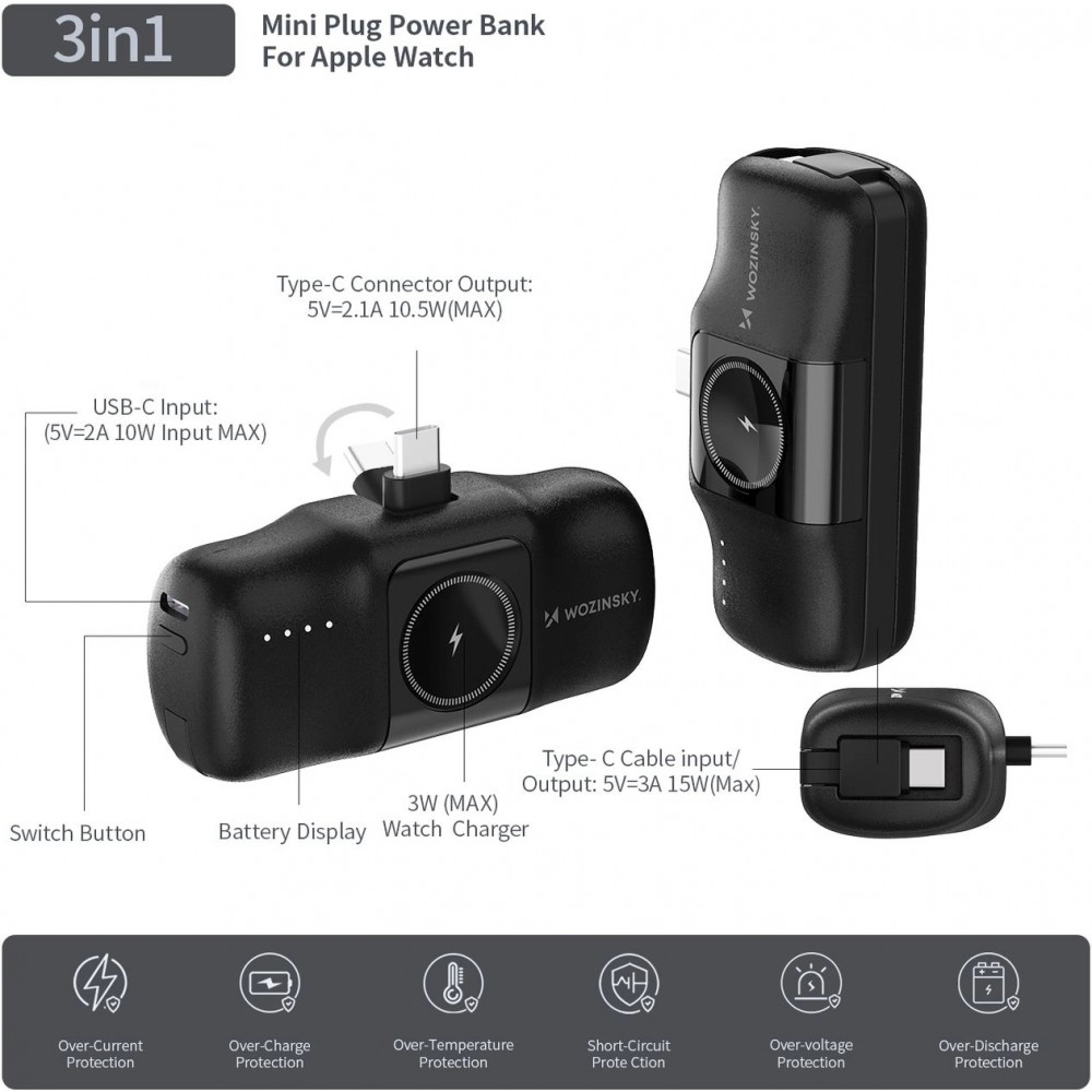 Batterie Externe Wozinsky WF16-YCS 5000mAh 15W USB-C Mini avec C&acirc;ble USB-C Int&eacute;gr&eacute; et Chargeur Apple Watch - Noir