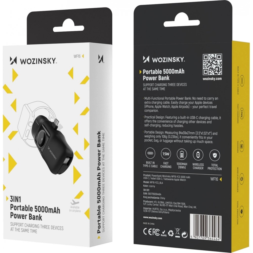Batterie Externe Wozinsky WF16-YCS 5000mAh 15W USB-C Mini avec C&acirc;ble USB-C Int&eacute;gr&eacute; et Chargeur Apple Watch - Noir