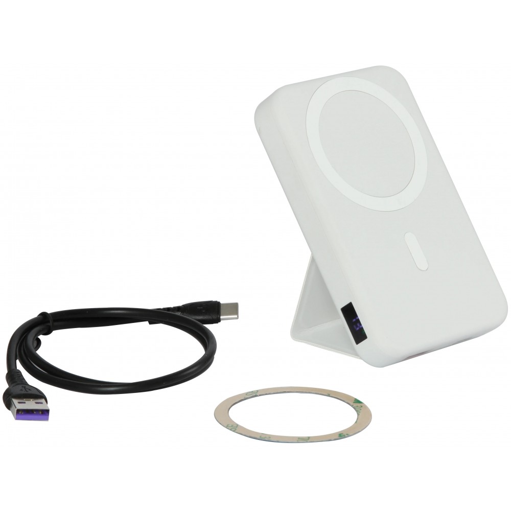 Batterie externe magnétique 15W 10000 mAh Power Bank MagSafe fonction Stand (avec anneau autocollant) - Blanc