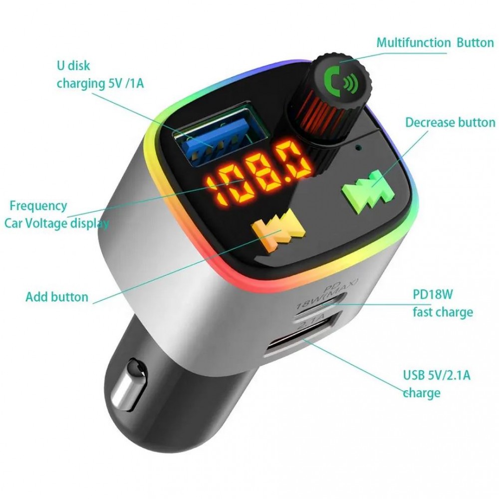 Bluetooth 5.0 Chargeur USB 18W allume-cigare et transmetteur FM Quick Charge - Noir