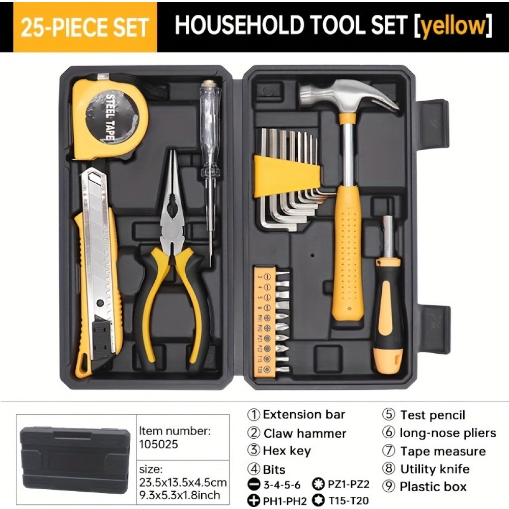 Praktische tragbare kompakte Werkzeugbox 25 Teile mit den wichtigsten Werkzeugen - Gelb