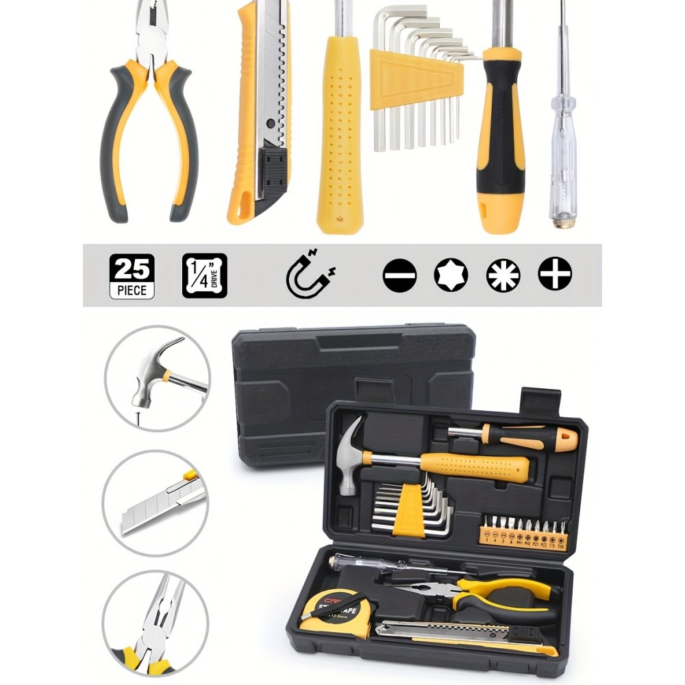 Praktische tragbare kompakte Werkzeugbox 25 Teile mit den wichtigsten Werkzeugen - Gelb