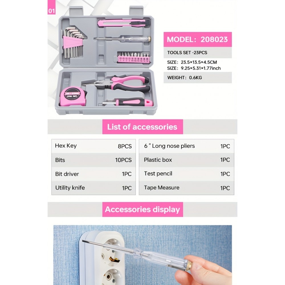 Boîte à outils pour fille / femme (23 pièces) pliable et compact avec tous les outils essentiels - Rose