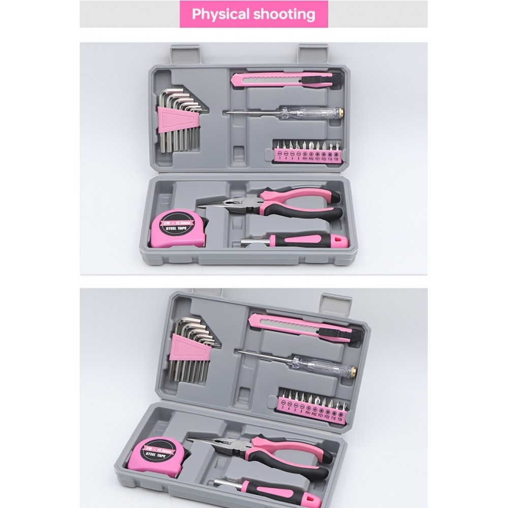 Boîte à outils pour fille / femme (23 pièces) pliable et compact avec tous les outils essentiels - Rose