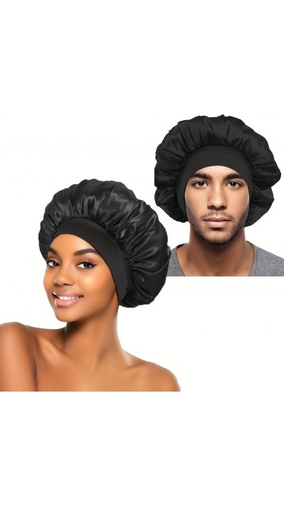 Bonnet de nuit satin unisexe élastique (taille universelle) pour coiffures tous types cheveux - Noir