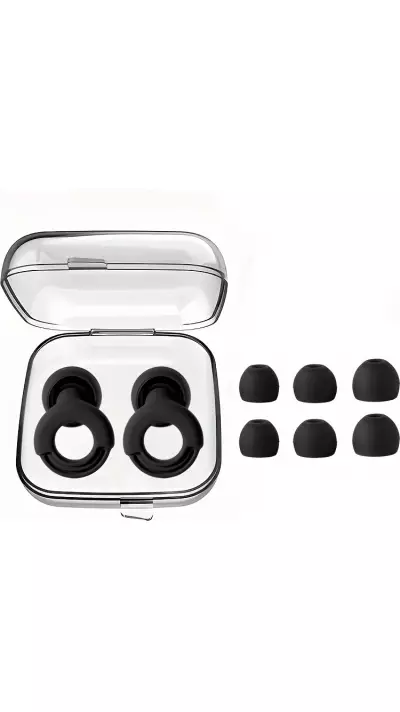 Bouchons d'oreilles loop en silicone (3 tailles d'embout) réutilisables avec étui de rangement - Noir