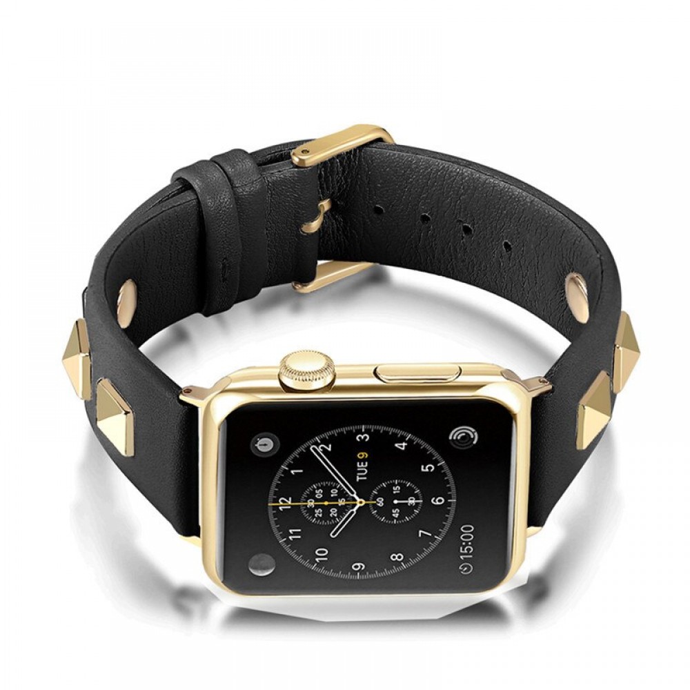 Bracelet punk en cuir véritable taille ajustable - Noir - Apple Watch 38/40/41/42 mm