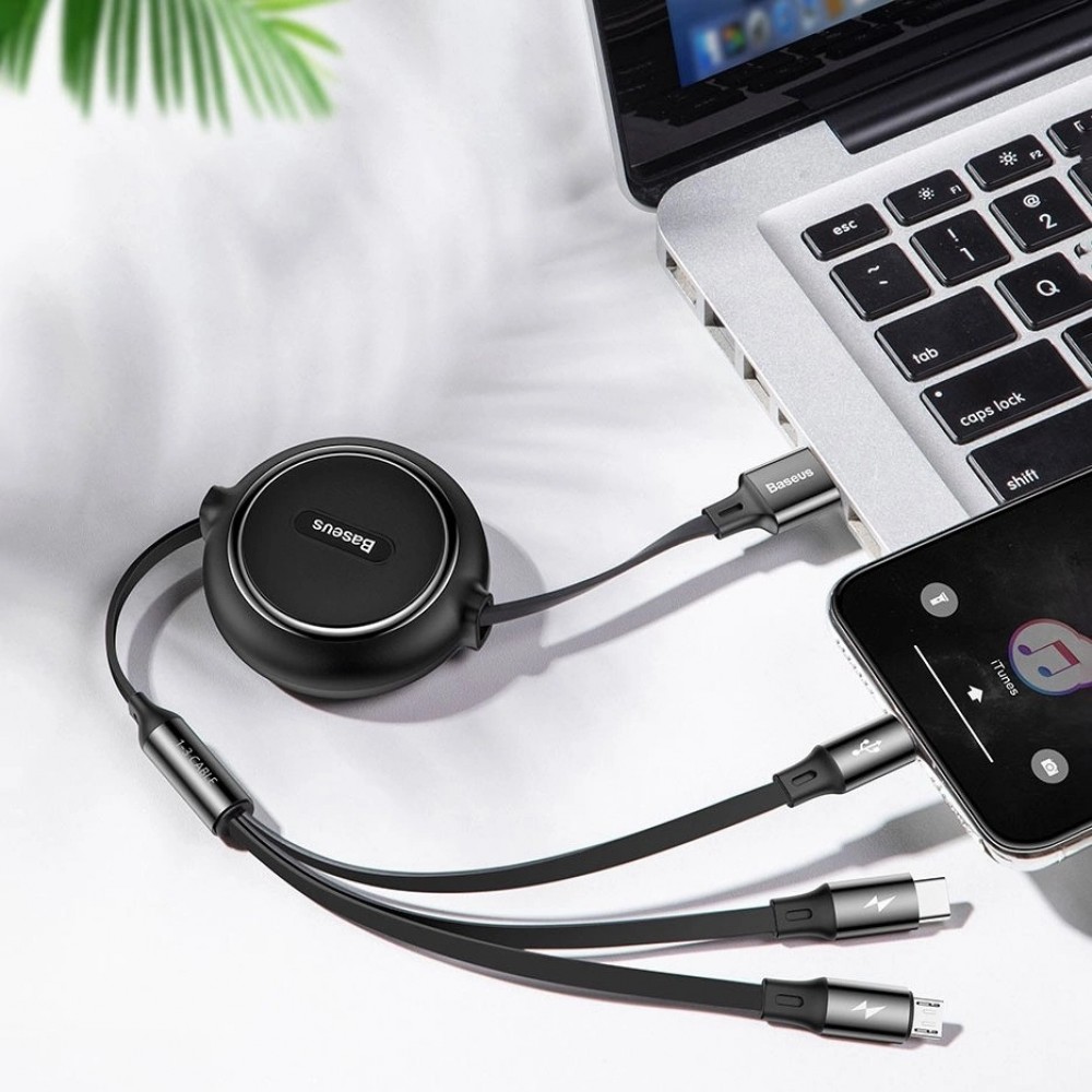 Câble Extensible 3 en 1 Baseus Golden Loop USB - Micro USB / Lightning / USB-C (3.5A) 35cm - 120cm (CAMLT-JH01) - Noir
