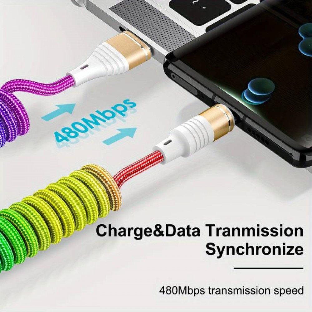 Câble USB-A vers USB-C extensible (jusqu'à 1m) en nylon tressé multicolore rainbow