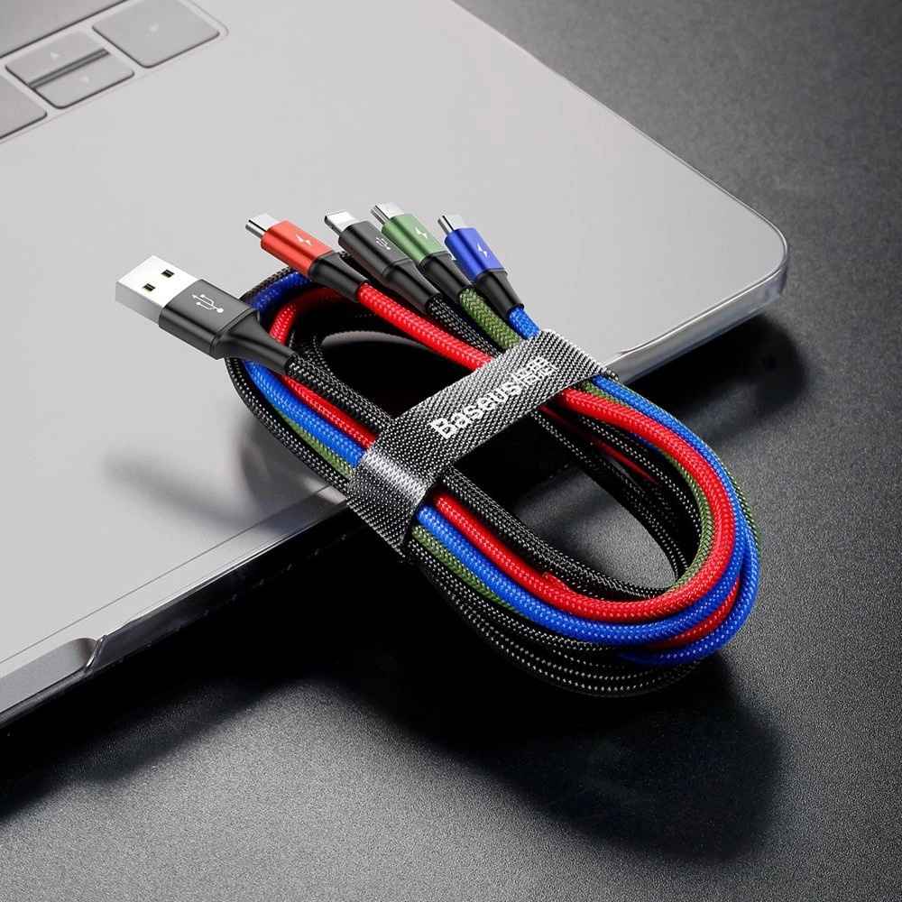 Câble USB 4 en 1 (1x Lightning, 2x USB-C, 1x Micro USB) tressé nylon 3.5A (1.2 m) - Noir