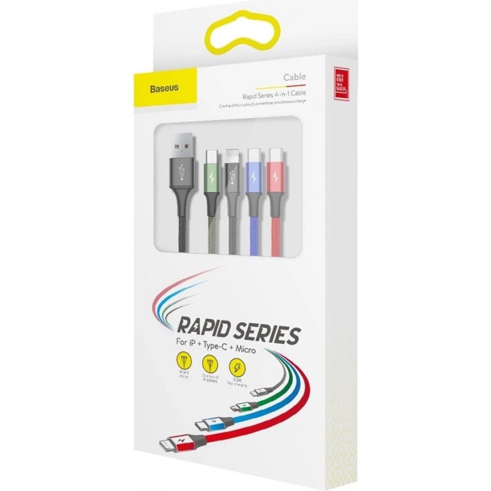 Câble USB 4 en 1 (1x Lightning, 2x USB-C, 1x Micro USB) tressé nylon 3.5A (1.2 m) - Noir
