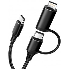 Câble de charge 2 en 1 (USB-C vers USB-C + Lightning) pour iPhone 15 et modèles précédents - Noir