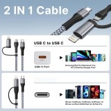 Câble de charge 2 en 1 (USB-C vers USB-C + Lightning) pour iPhone 15 et modèles précédents - Noir