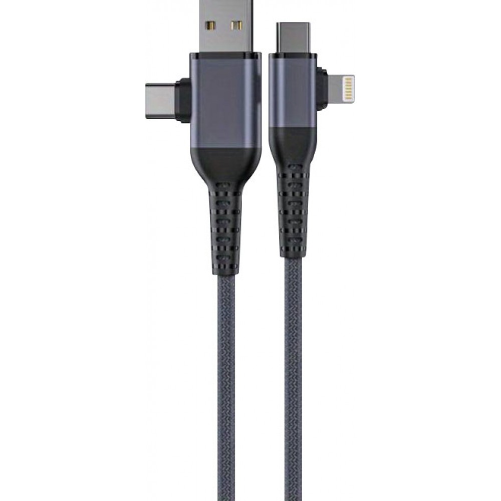 Câble de charge multifonctionnel 4 en 1 en nylon avec connecteur USB-A, USB-C & Lightning 1.8m - Gris