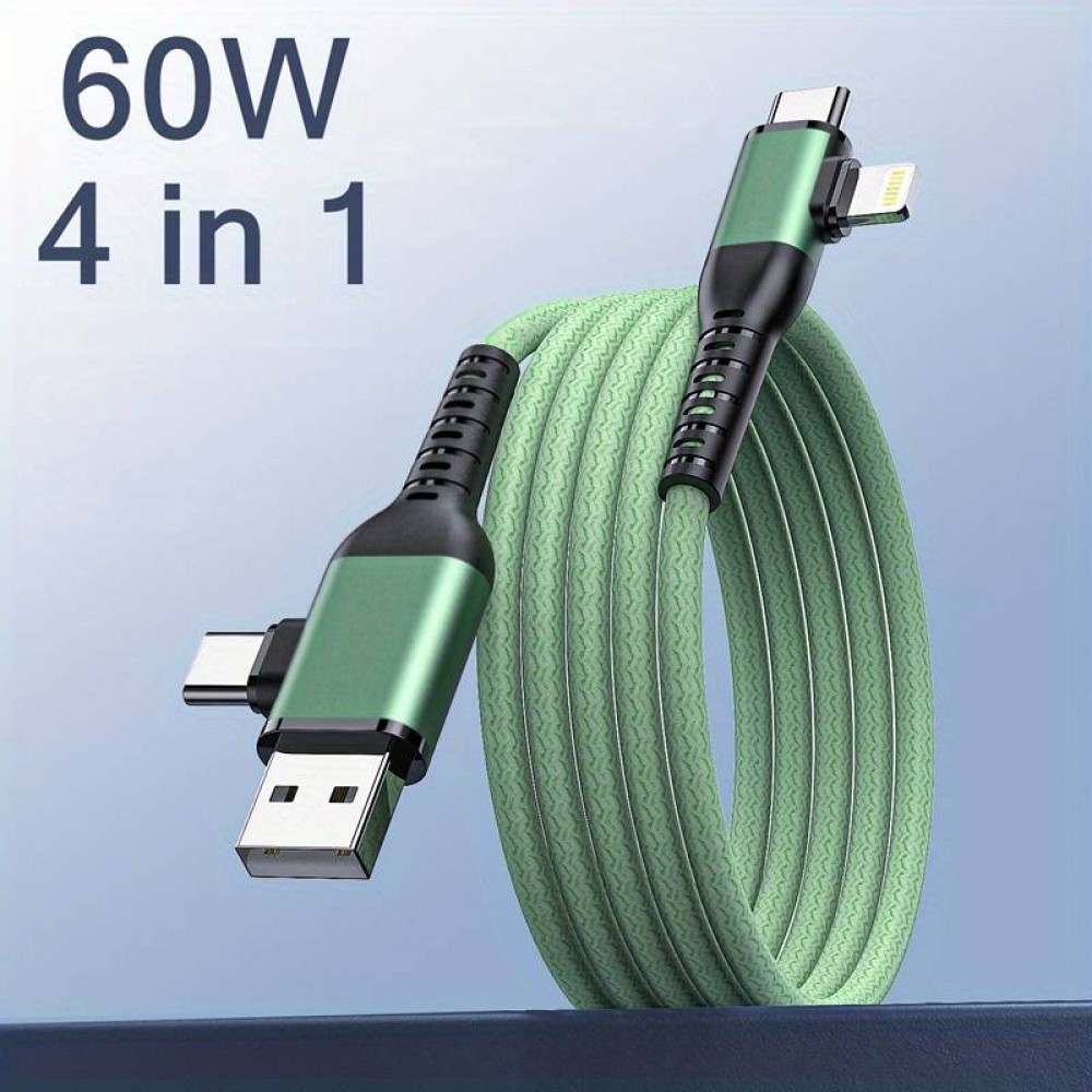 Câble de charge multifonctionnel 4 en 1 en nylon avec connecteur USB-A, USB-C & Lightning 1.8m - Gris