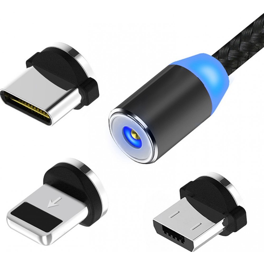 Câble de charge universel 3 en 1 LED en nylon USB-C - Lightning - Micro-USB - Noir