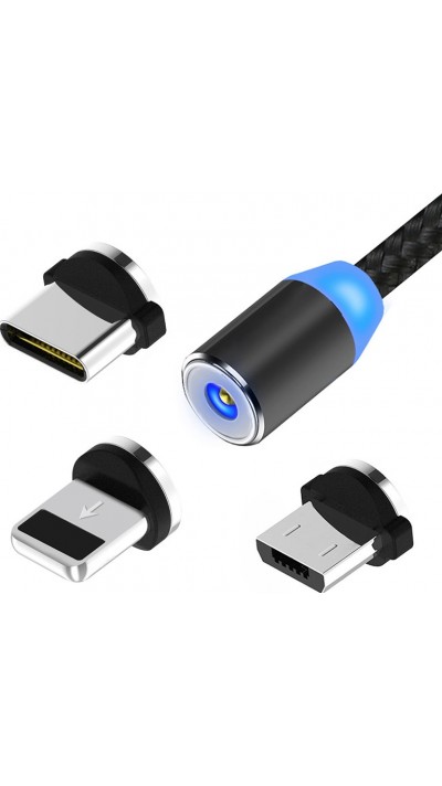 Câble de charge universel 3 en 1 LED en nylon USB-C - Lightning - Micro-USB - Noir