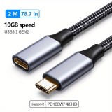 C&acirc;ble extension nylon USB-C (m&acirc;le) vers USB-C (femelle) 2 m&egrave;tres - Noir