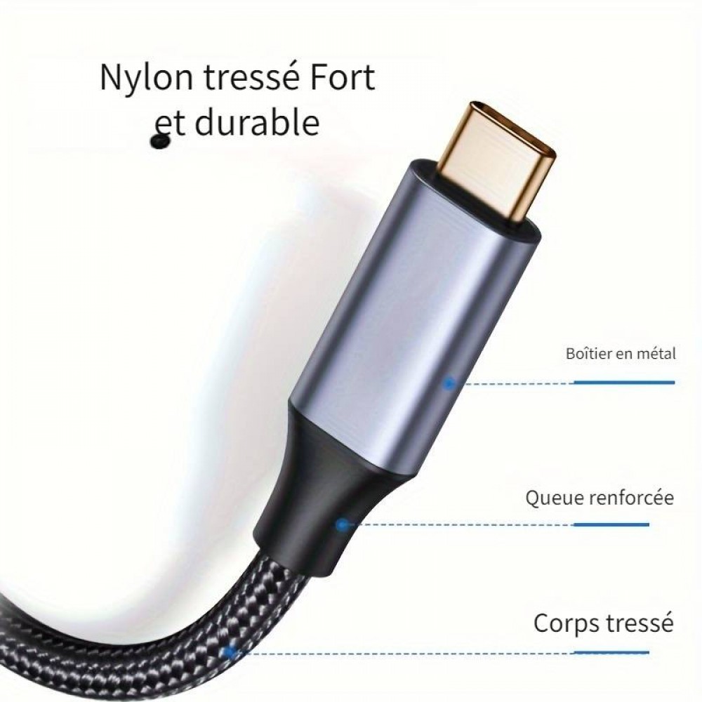 C&acirc;ble extension nylon USB-C (m&acirc;le) vers USB-C (femelle) 2 m&egrave;tres - Noir