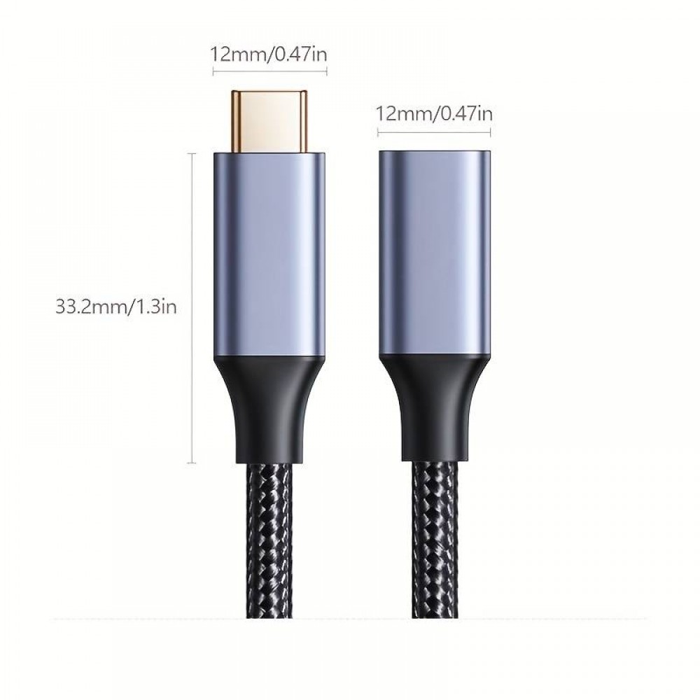 C&acirc;ble extension nylon USB-C (m&acirc;le) vers USB-C (femelle) 2 m&egrave;tres - Noir