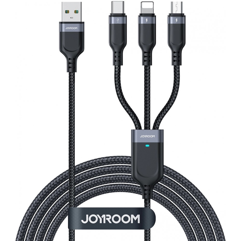 Câble multiple 3 en 1 Nylon USB-A vers Lightning / USB-C / micro USB - Joyroom Multi-Usage S-A18 (30 cm) - Noir