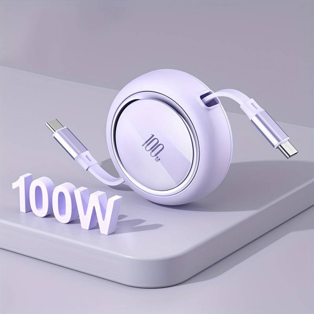 Câble rétractable double Type USB-C avec charge rapide QC3.0 100W - Violet