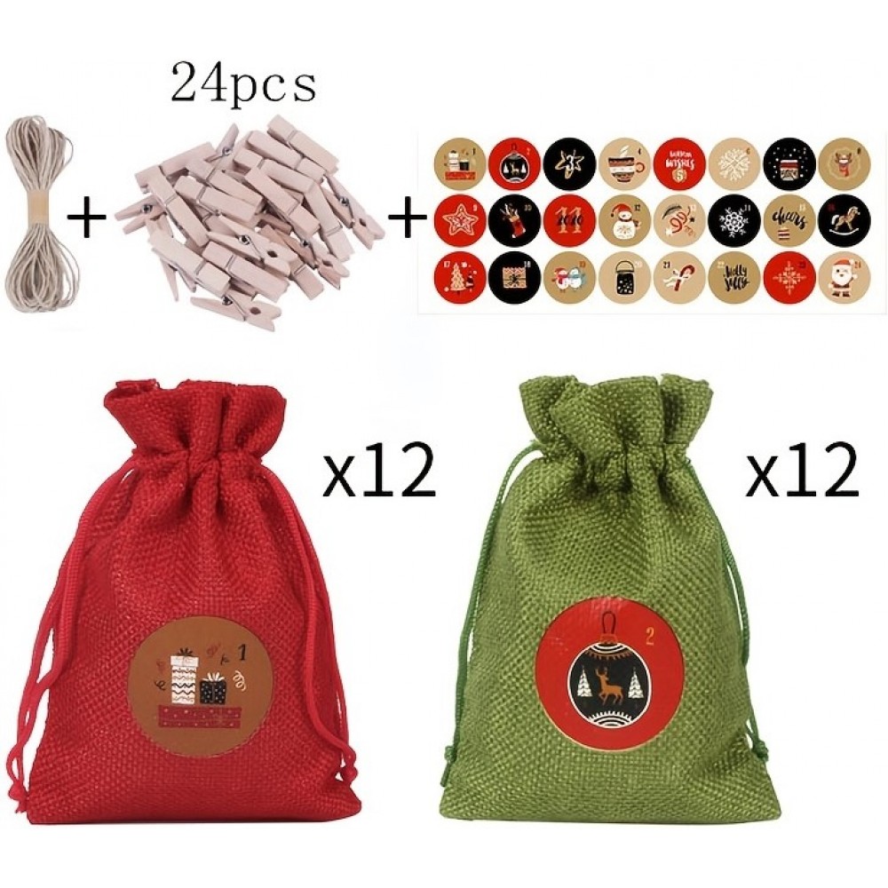 Calendrier de l'Avent Do it Yourself bricolage avec 12 petites pochettes (inclus pincettes, ficelle, autocollants) - Rouge / vert